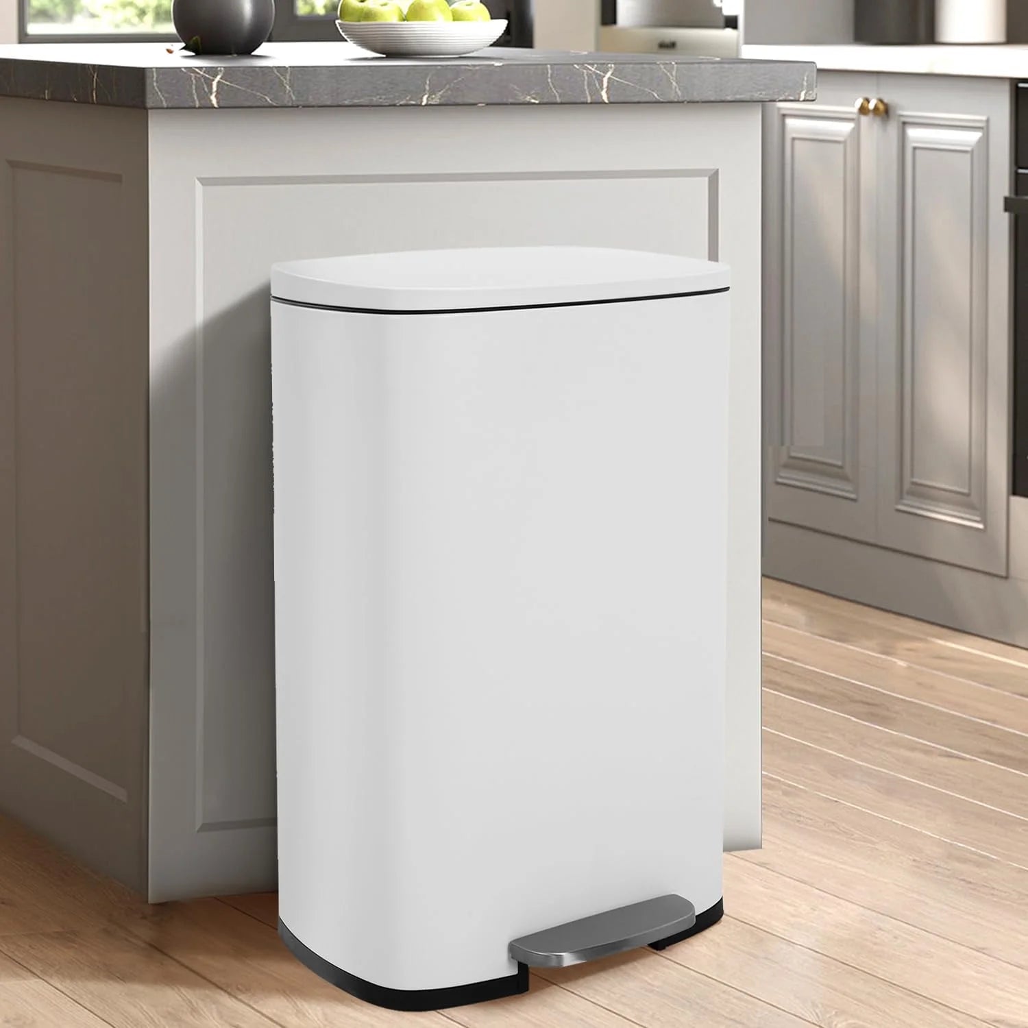 13 Gallon Kitchen Trash Can with Lid Step Garbage Bin Stainless Steel Waste Bin for Home Office, White