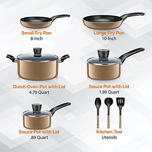 11 Piece Pots and Pans Non Stick Kitchenware Cookware Set, Gold