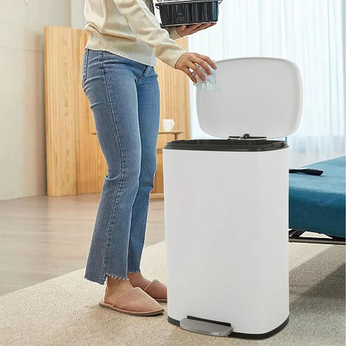 13 Gallon Kitchen Trash Can with Lid Step Garbage Bin Stainless Steel Waste Bin for Home Office, White