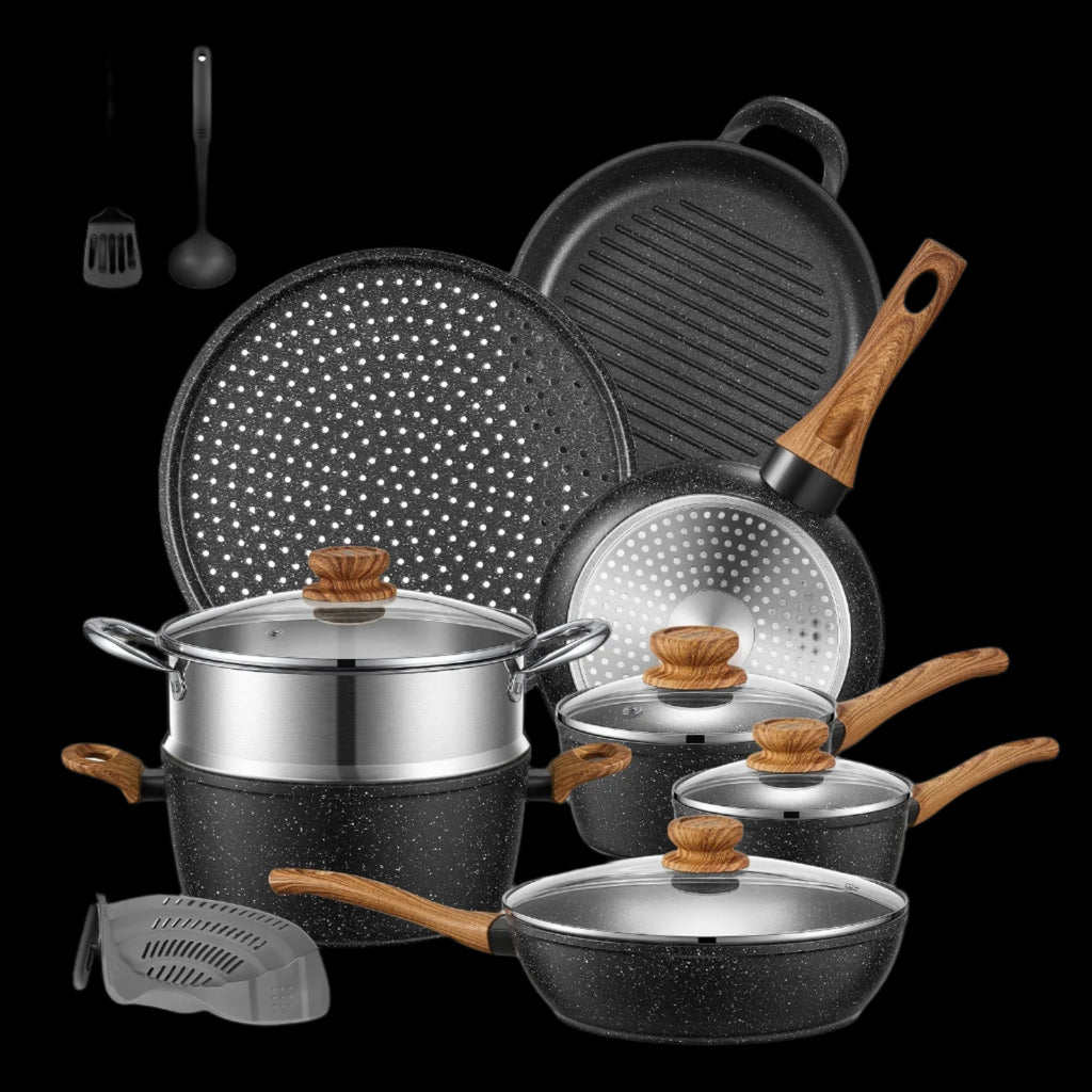 15-Piece Pots and Pans Set Non Stick, Induction Kitchen Cookware Sets, Aluminum, Black