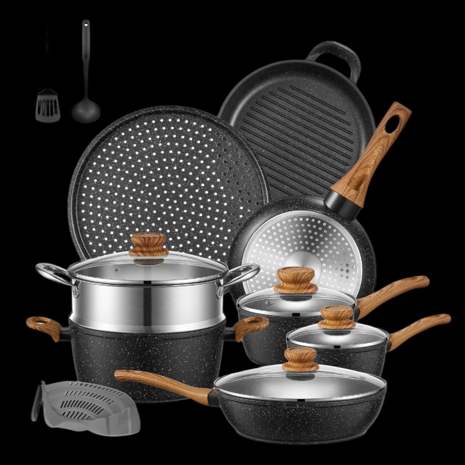 15-Piece Pots and Pans Set Non Stick, Induction Kitchen Cookware Sets, Aluminum, Black