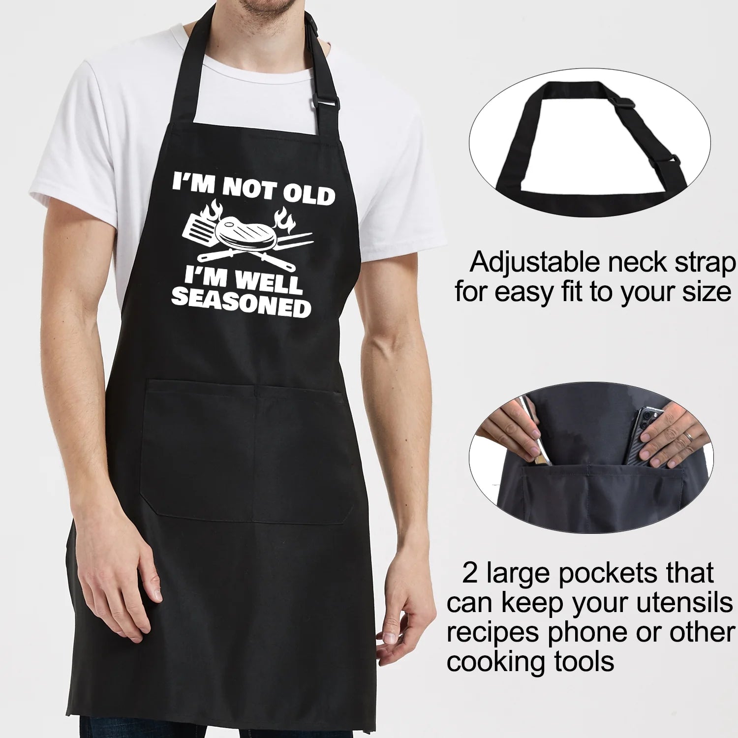 Funny Cooking Aprons for Men with Pockets, Mens Aprons for Grilling BBQ Grill, Chef Apron for Men, Gift for Dad Husband Christmas Birthday