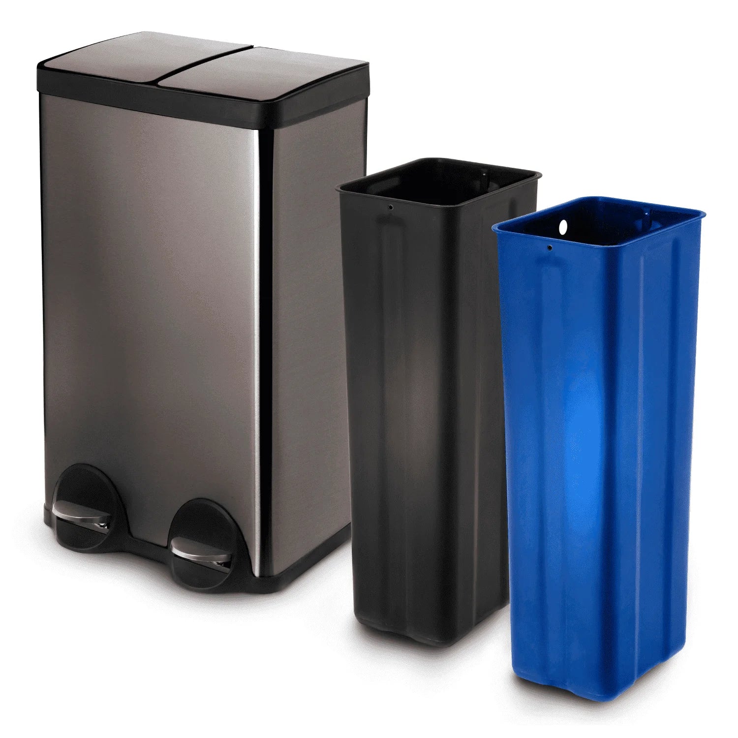 15.8 Gal Dual Kitchen Garbage Can, Stainless Steel, Black