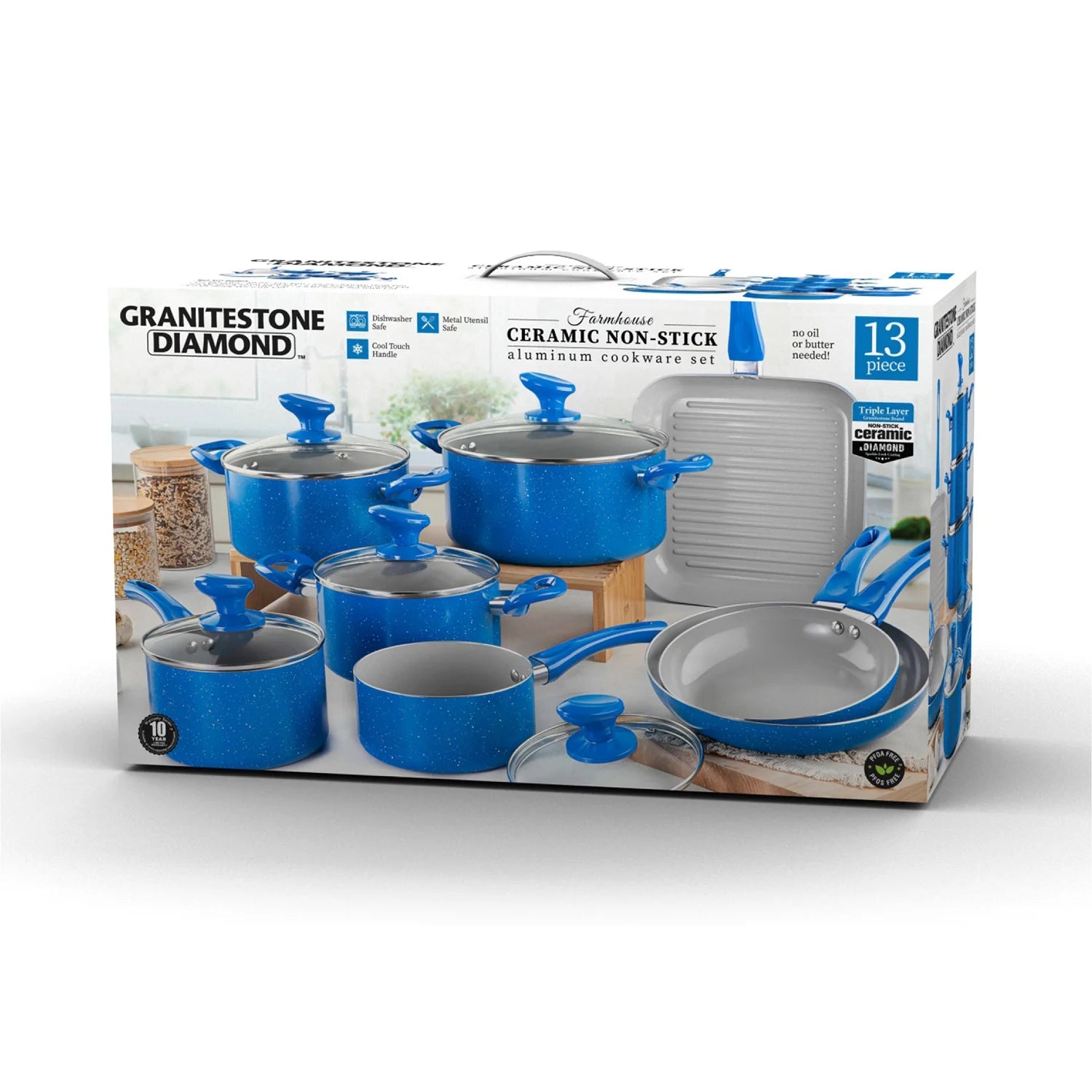 Nonstick Pots and Pans 13 Piece Set Kitchen Cookware Set Ceramic Cooking Frying Skillet Sauce Pans Lids Blue