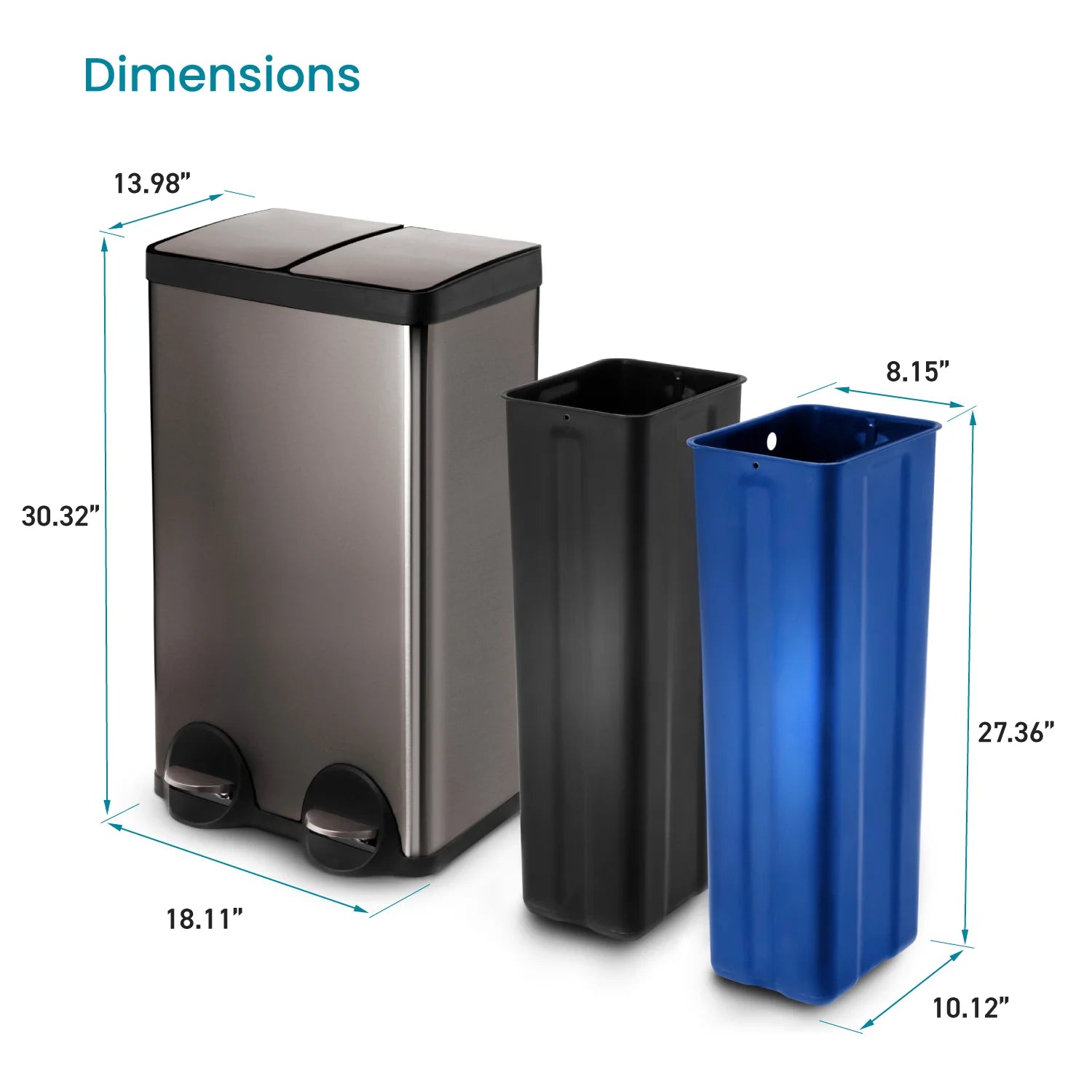 15.8 Gal Dual Kitchen Garbage Can, Stainless Steel, Black