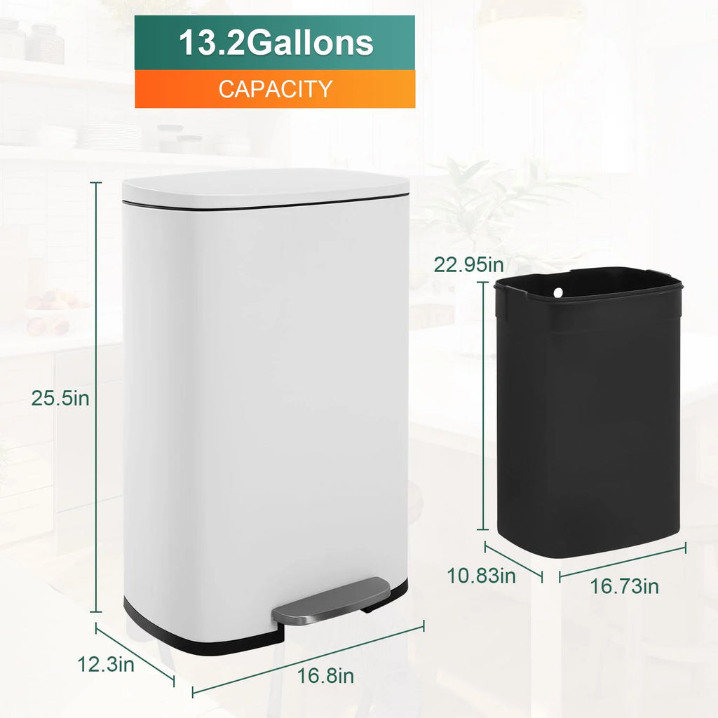 13 Gallon Kitchen Trash Can with Lid Step Garbage Bin Stainless Steel Waste Bin for Home Office, White