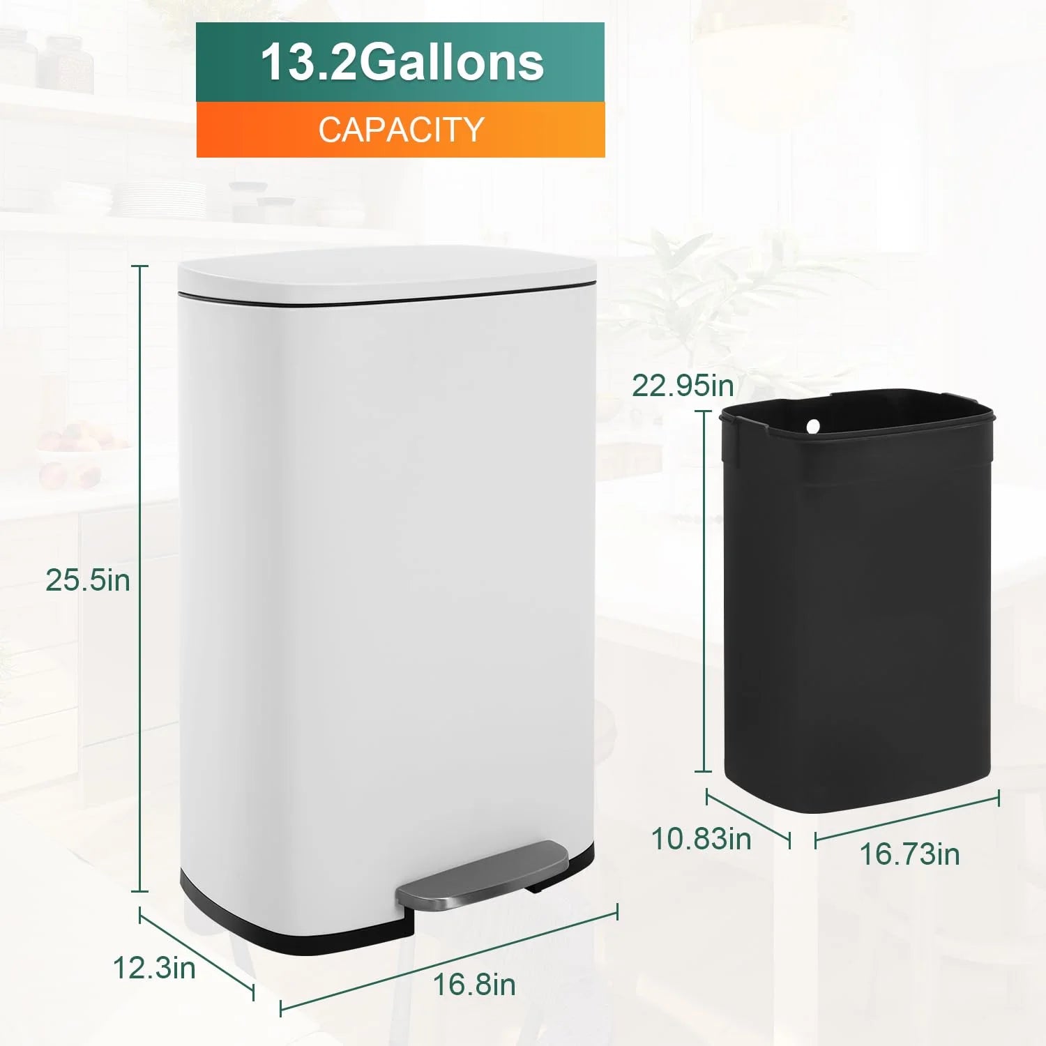 13 Gallon Kitchen Trash Can with Lid Step Garbage Bin Stainless Steel Waste Bin for Home Office, White