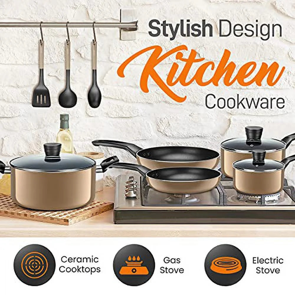 11 Piece Pots and Pans Non Stick Kitchenware Cookware Set, Gold