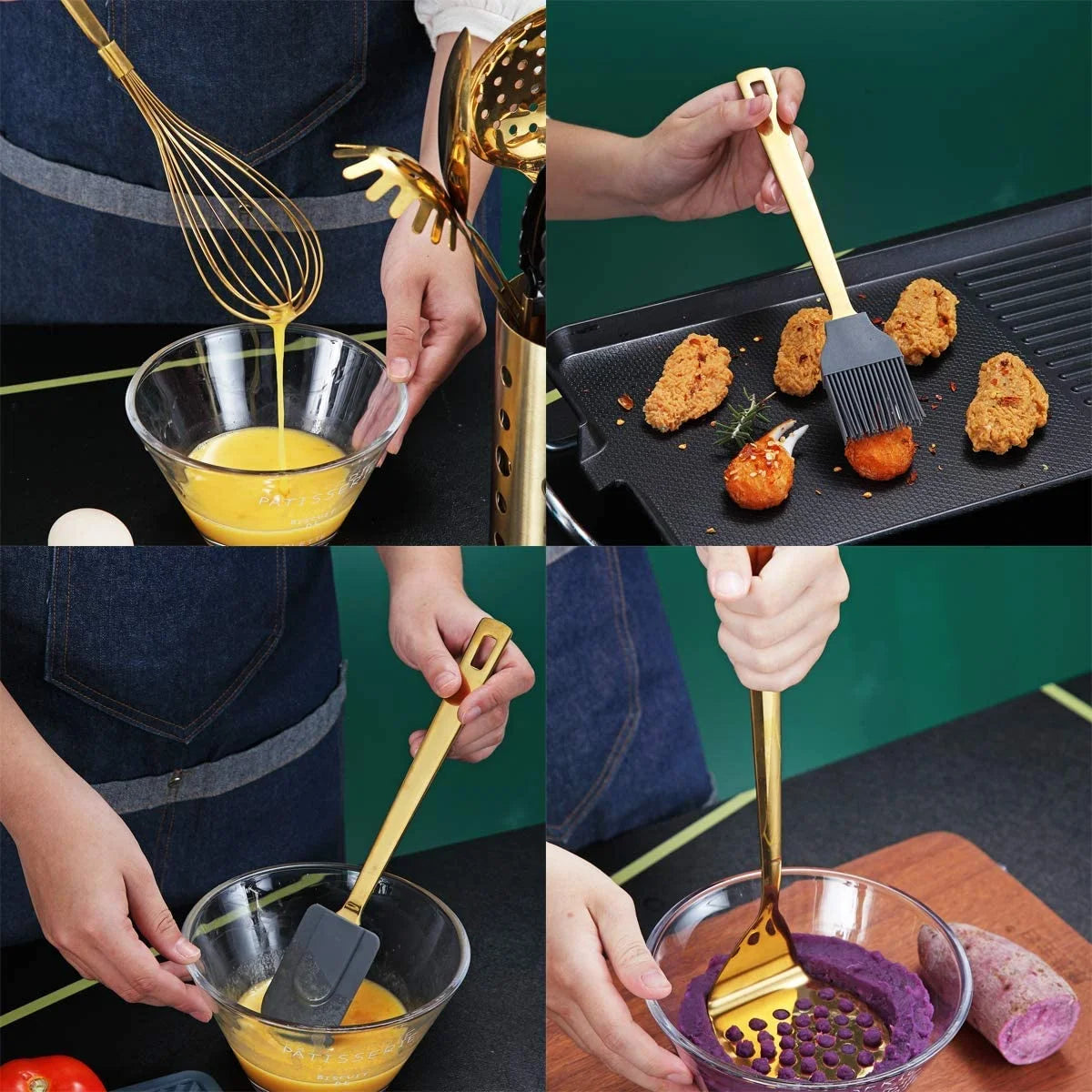 13 Pieces Gold Cooking Utensils Set, Stainless Steel Kitchen Utensils Set with Utensil Holder