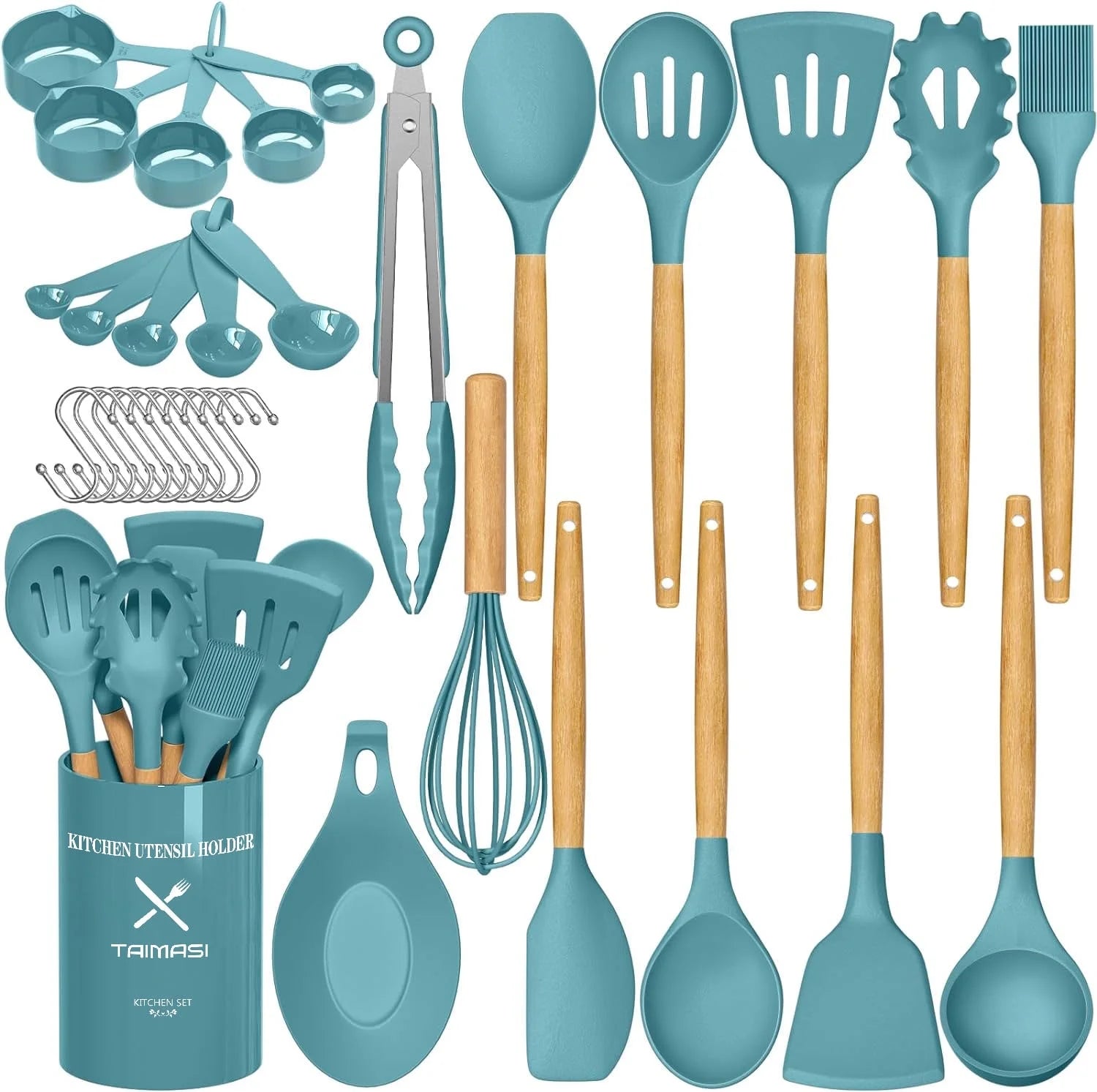 Silicone Cooking Utensils Set, 33 Pcs Non-Stick Cooking Kitchen Utensils Set with Holder, Wooden Handle Gadgets Utensil Set (Blue)