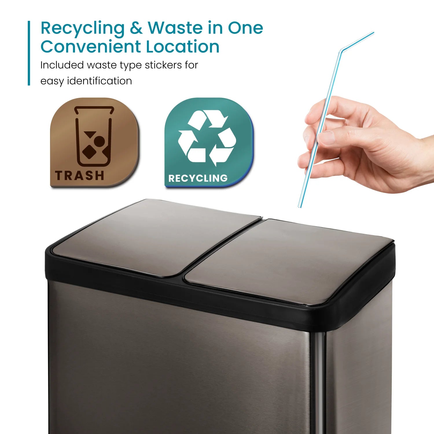 15.8 Gal Dual Kitchen Garbage Can, Stainless Steel, Black