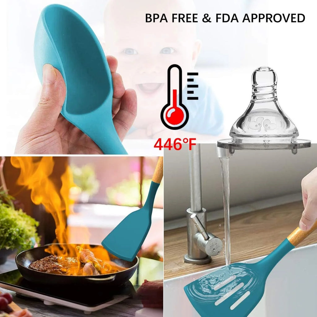 Silicone Cooking Utensils Set, 33 Pcs Non-Stick Cooking Kitchen Utensils Set with Holder, Wooden Handle Gadgets Utensil Set (Blue)
