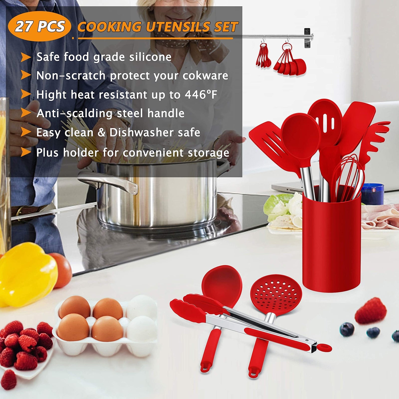 27 Pcs Kitchen Utensils Set with Holder Silicone Cooking Utensils Spatula Set Wi