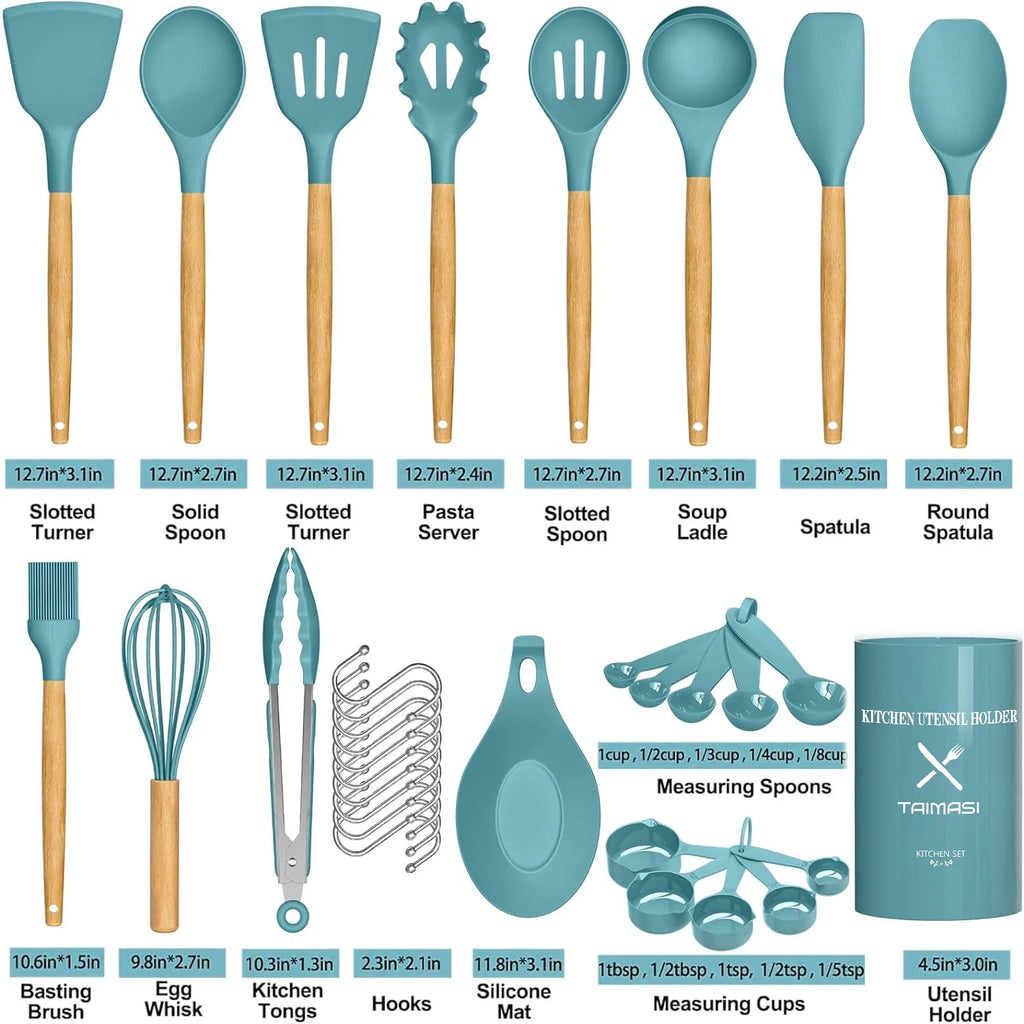 Silicone Cooking Utensils Set, 33 Pcs Non-Stick Cooking Kitchen Utensils Set with Holder, Wooden Handle Gadgets Utensil Set (Blue)