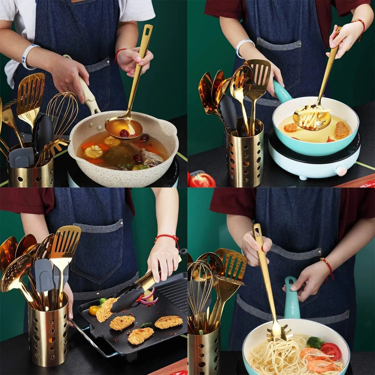 13 Pieces Gold Cooking Utensils Set, Stainless Steel Kitchen Utensils Set with Utensil Holder