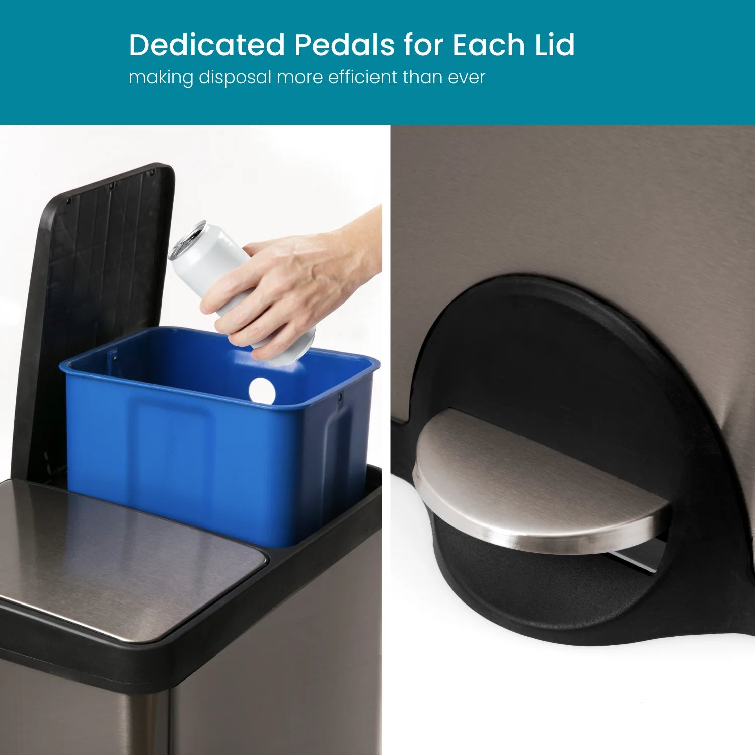 15.8 Gal Dual Kitchen Garbage Can, Stainless Steel, Black