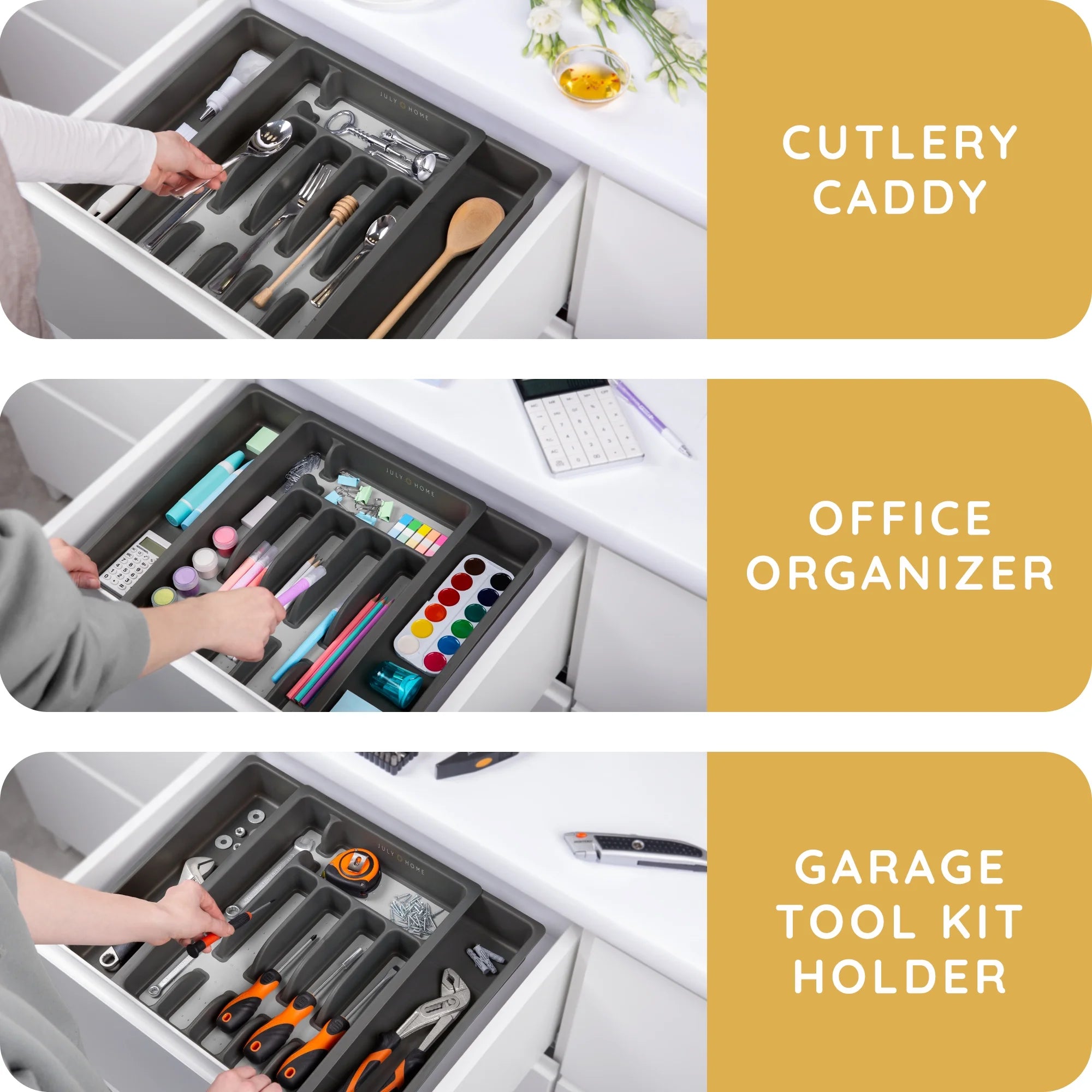 Plastic Kitchen Drawer Organizer - Expandable Silverware Organizer/Utensil Holder and Cutlery Tray with Grooved Drawer Dividers for Flatware and Kitchen Utensils