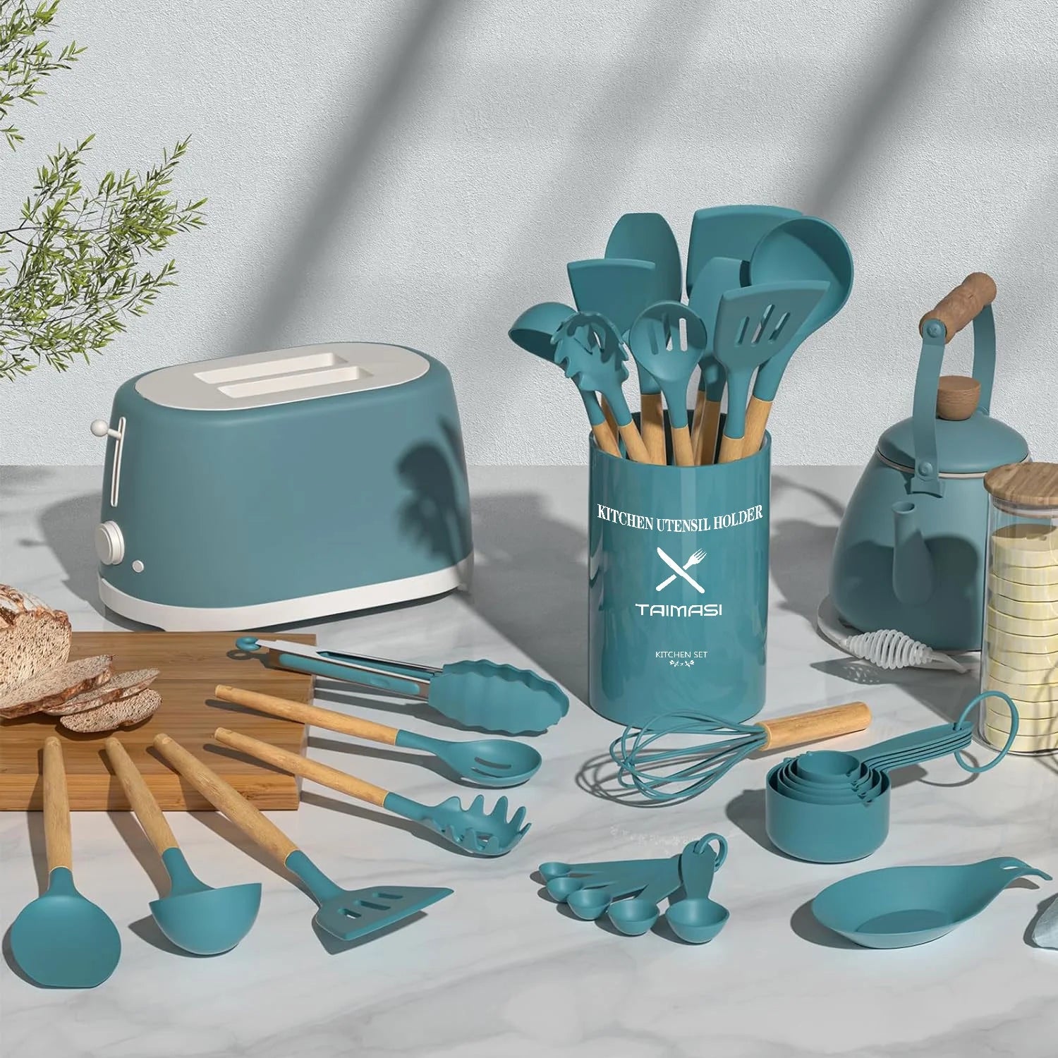 Silicone Cooking Utensils Set, 33 Pcs Non-Stick Cooking Kitchen Utensils Set with Holder, Wooden Handle Gadgets Utensil Set (Blue)