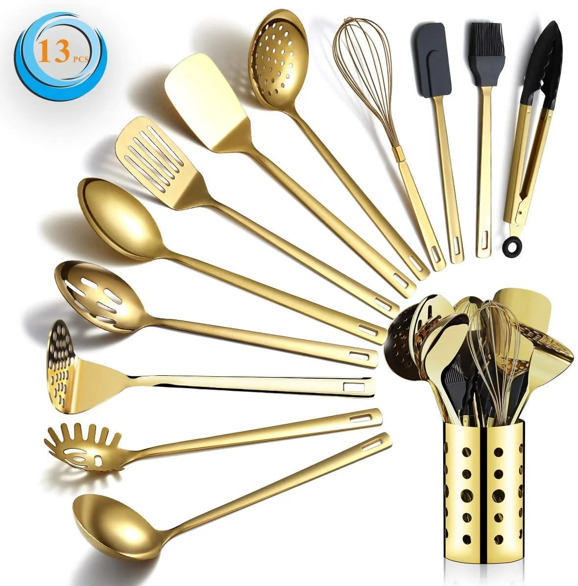 13 Pieces Gold Cooking Utensils Set, Stainless Steel Kitchen Utensils Set with Utensil Holder
