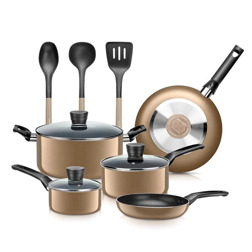 11 Piece Pots and Pans Non Stick Kitchenware Cookware Set, Gold