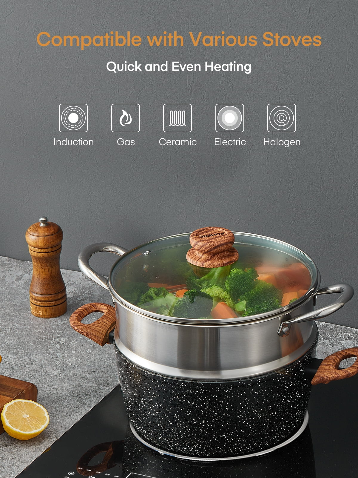 15-Piece Pots and Pans Set Non Stick, Induction Kitchen Cookware Sets, Aluminum, Black