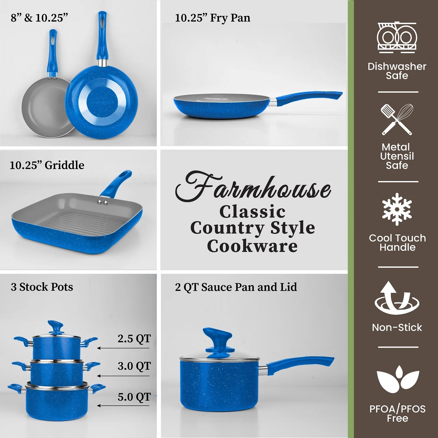 Nonstick Pots and Pans 13 Piece Set Kitchen Cookware Set Ceramic Cooking Frying Skillet Sauce Pans Lids Blue