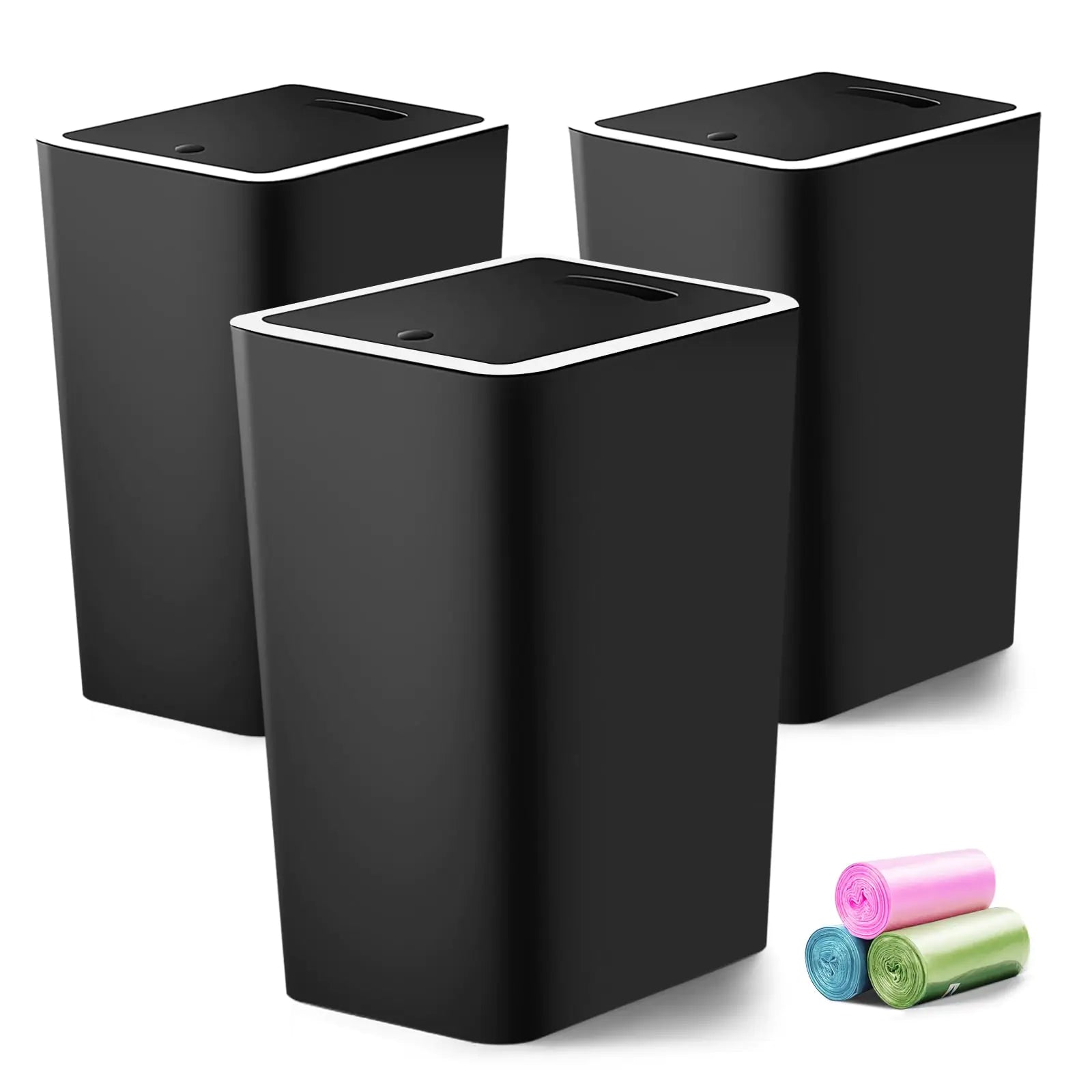 Small Trash Can 3 Pack 4 Gallons Bathroom Garbage Can with Lid (Black)