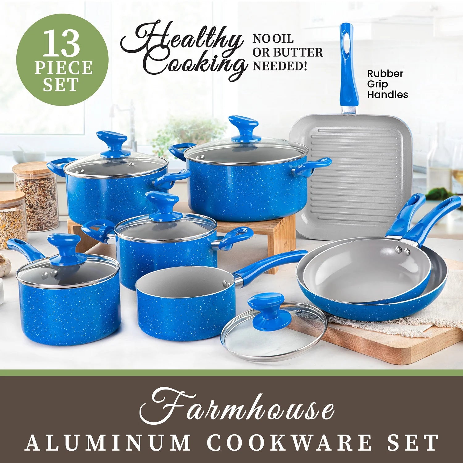 Nonstick Pots and Pans 13 Piece Set Kitchen Cookware Set Ceramic Cooking Frying Skillet Sauce Pans Lids Blue