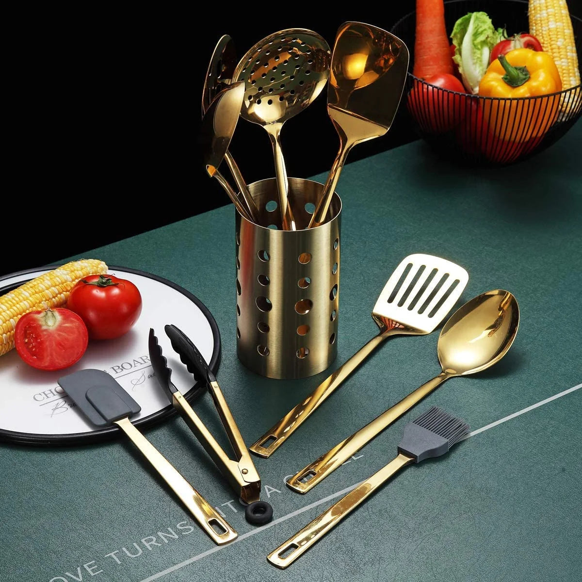 13 Pieces Gold Cooking Utensils Set, Stainless Steel Kitchen Utensils Set with Utensil Holder
