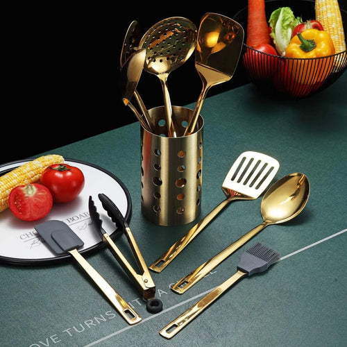 13 Pieces Gold Cooking Utensils Set, Stainless Steel Kitchen Utensils Set with Utensil Holder