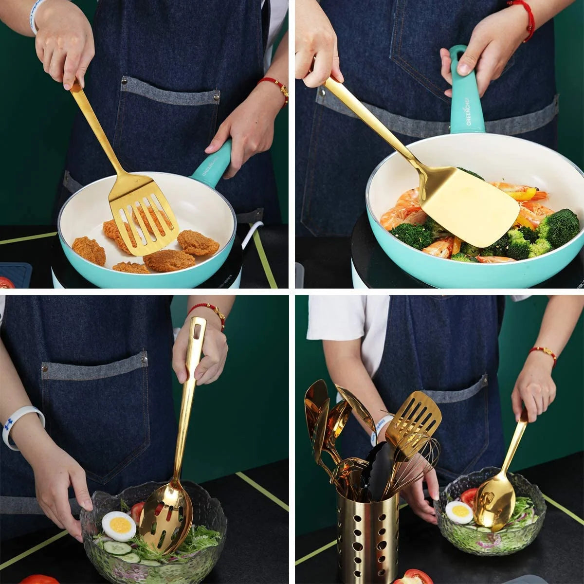 13 Pieces Gold Cooking Utensils Set, Stainless Steel Kitchen Utensils Set with Utensil Holder