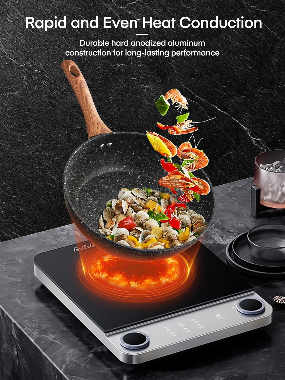 15-Piece Pots and Pans Set Non Stick, Induction Kitchen Cookware Sets, Aluminum, Black