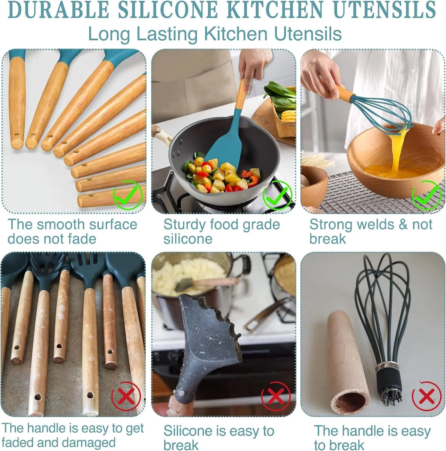 Silicone Cooking Utensils Set, 33 Pcs Non-Stick Cooking Kitchen Utensils Set with Holder, Wooden Handle Gadgets Utensil Set (Blue)
