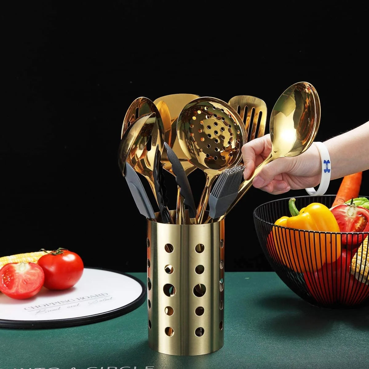 13 Pieces Gold Cooking Utensils Set, Stainless Steel Kitchen Utensils Set with Utensil Holder