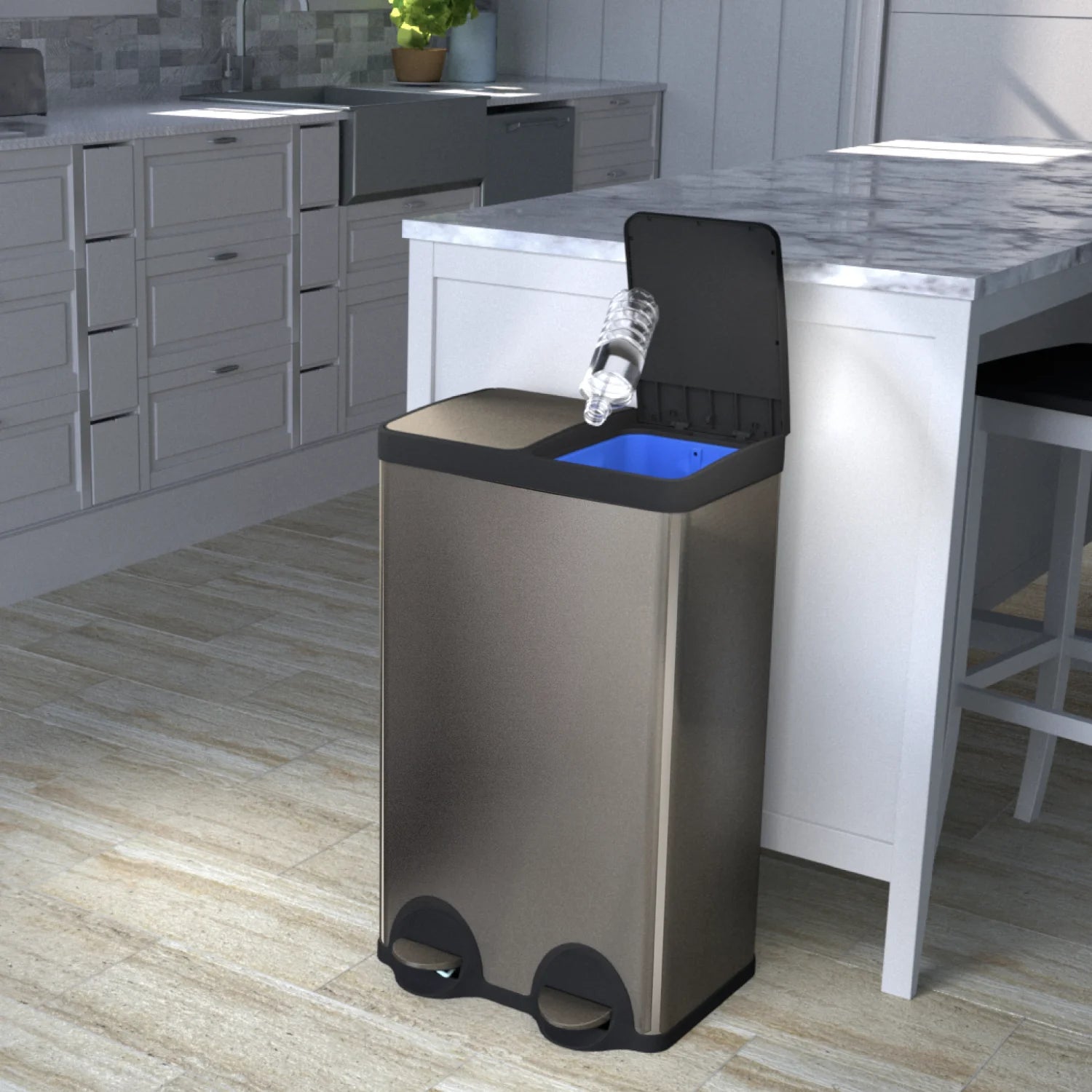 15.8 Gal Dual Kitchen Garbage Can, Stainless Steel, Black