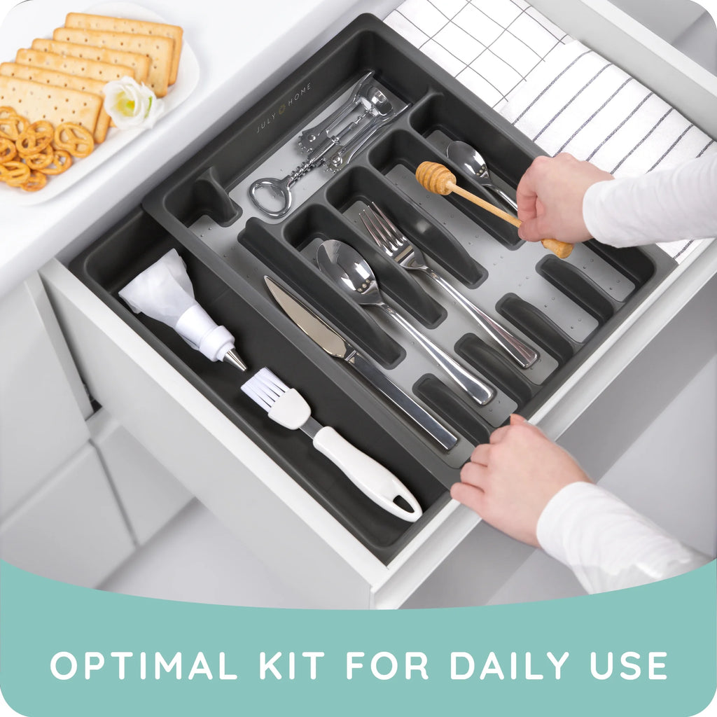 Plastic Kitchen Drawer Organizer - Expandable Silverware Organizer/Utensil Holder and Cutlery Tray with Grooved Drawer Dividers for Flatware and Kitchen Utensils