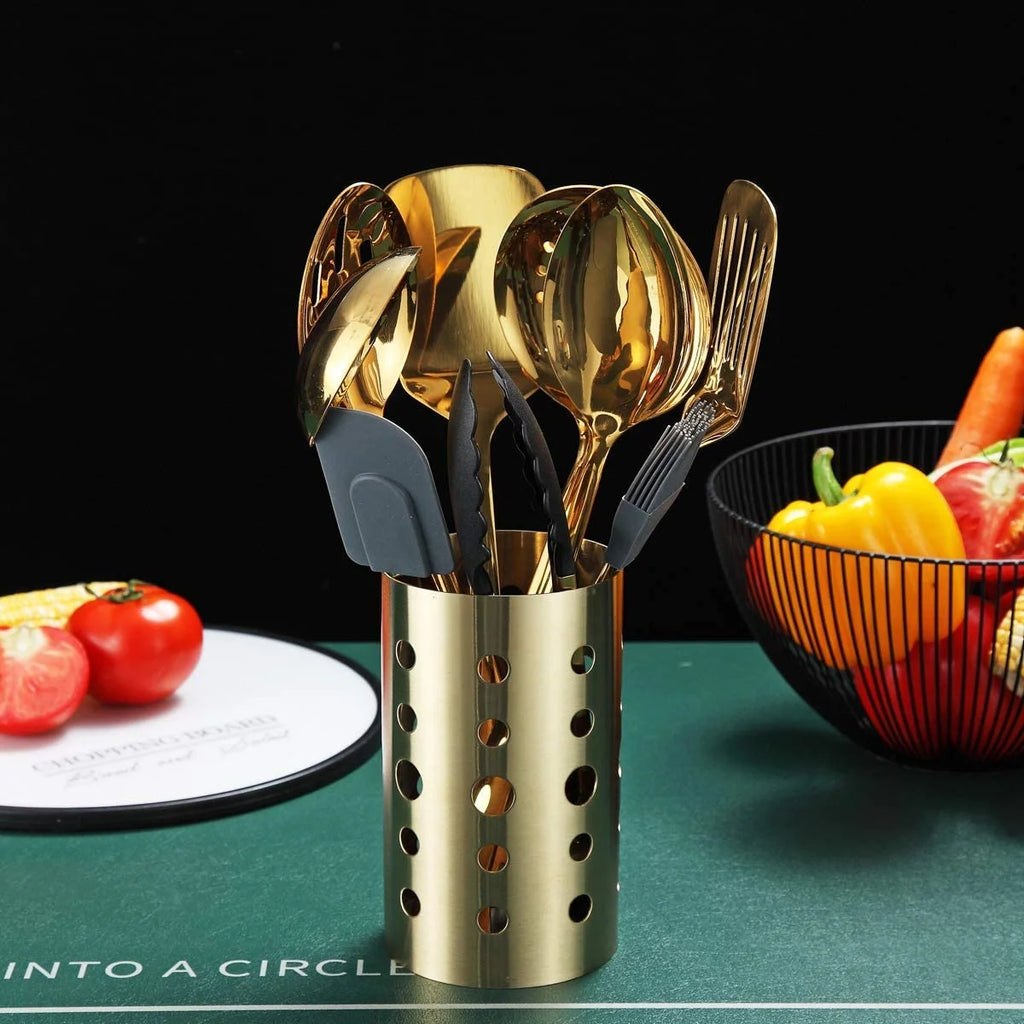 13 Pieces Gold Cooking Utensils Set, Stainless Steel Kitchen Utensils Set with Utensil Holder